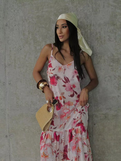 Vestido longo floral feminino com alcinha ajustável e caimento fluido elegante Dress Eleven