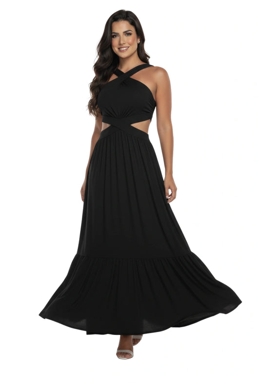 Vestido Longo Frente Única Camila Dress Eleven preto, com recortes sutis e caimento elegante que valoriza a silhueta.