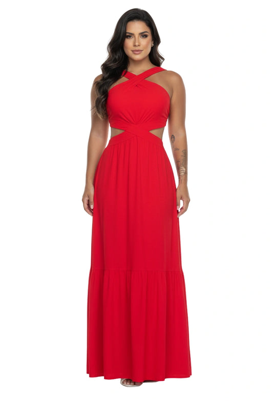 Vestido longo feminino frente única Thayla Dress Eleven, modelagem fluida com decote cruzado e caimento elegante.