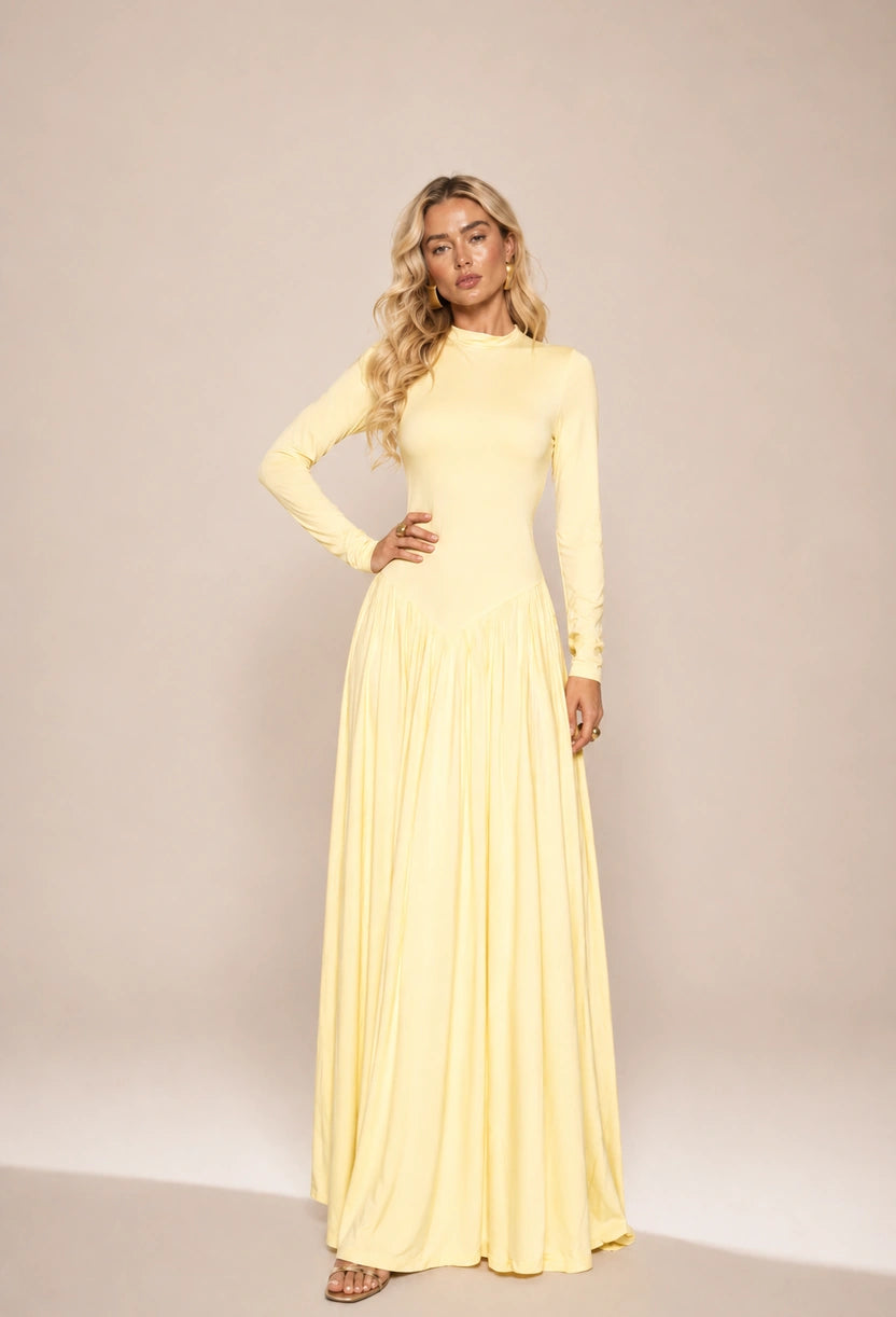 Look completo do vestido longo Antonella com saia rodada ampla, gola alta e mangas longas — Dress Eleven