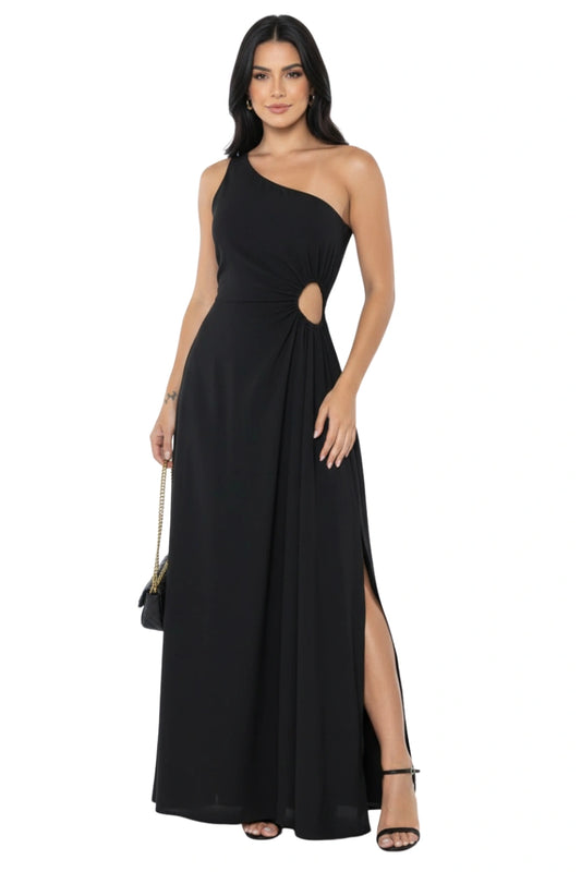 Vestido longo Iza da Dress Eleven com modelagem ombro único e fenda lateral elegante, ideal para eventos noturnos e ocasiões especiais.