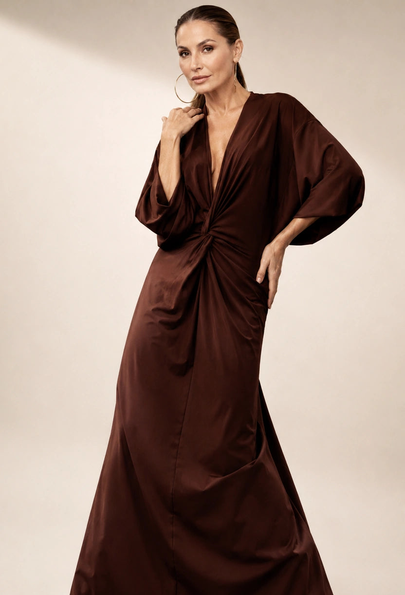 Vestido longo Jully detalhe do nó na cintura e manga ampla em tom marrom escuro – Dress Eleven
