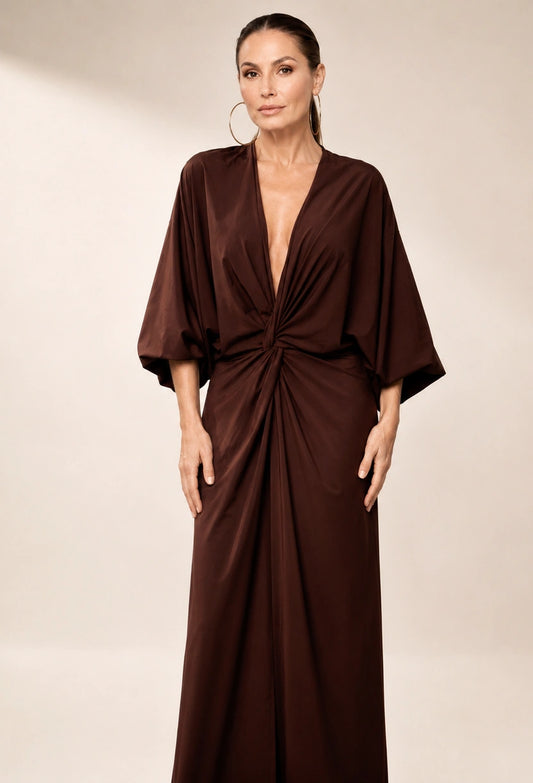 Vestido longo Jully manga longa marrom com nó na cintura e caimento fluido – Dress Eleven