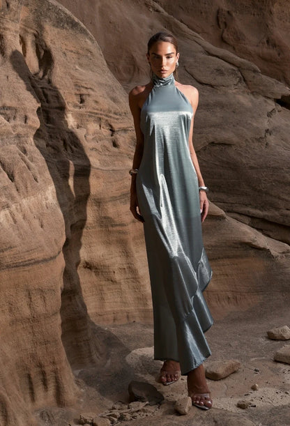 Vestido longo Kelly verde acetinado de corpo inteiro — Dress Eleven