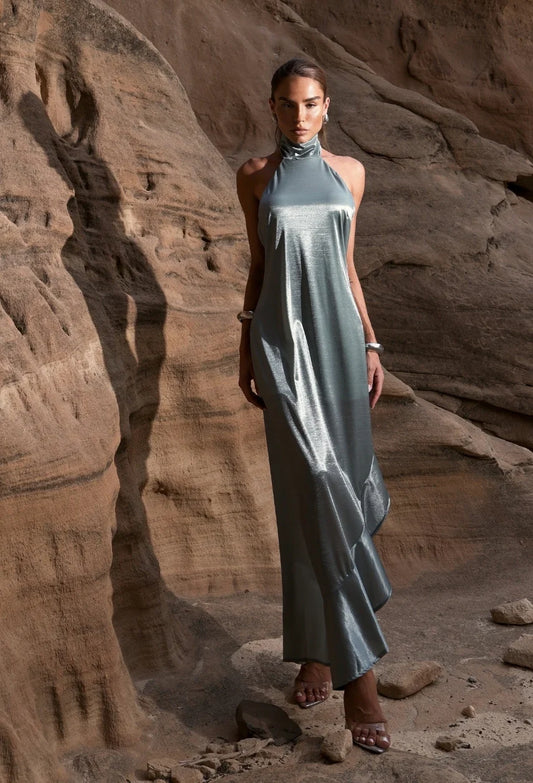 Vestido longo Kelly verde acetinado de corpo inteiro — Dress Eleven