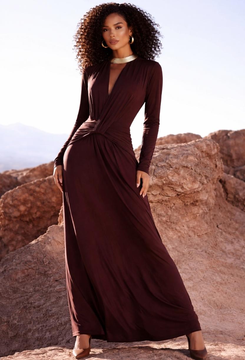Vestido longo Lara Dress Eleven em malha fluit chocolate com decote profundo e mangas longas.