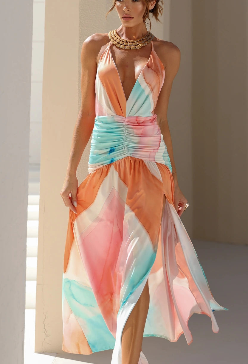 Modelo vestindo Lizi Dress Eleven, vestido longo estampado para festa.