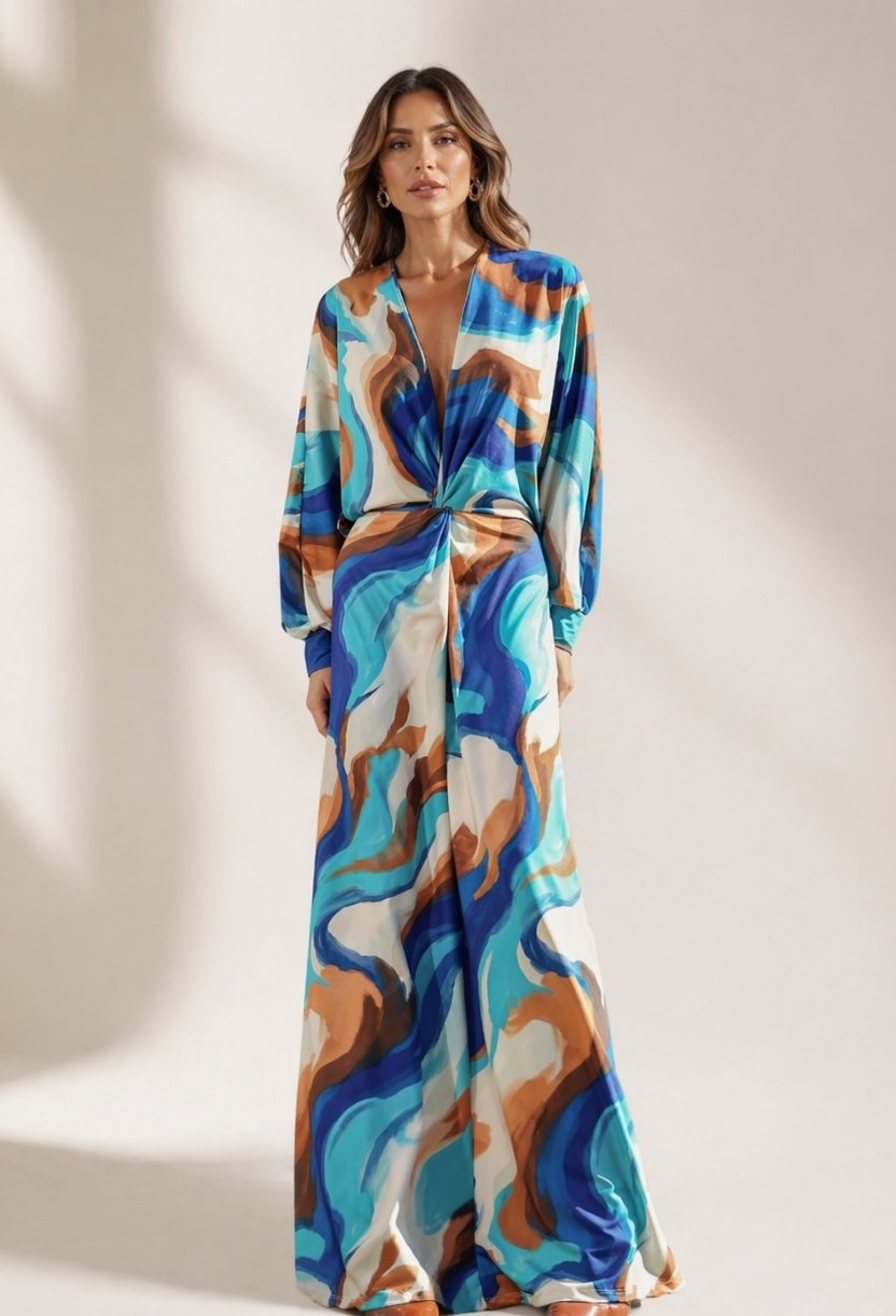 Modelo de frente vestindo vestido longo fluido com mangas morcego e marcação na cintura, exibindo caimento leve e estampa colorida.