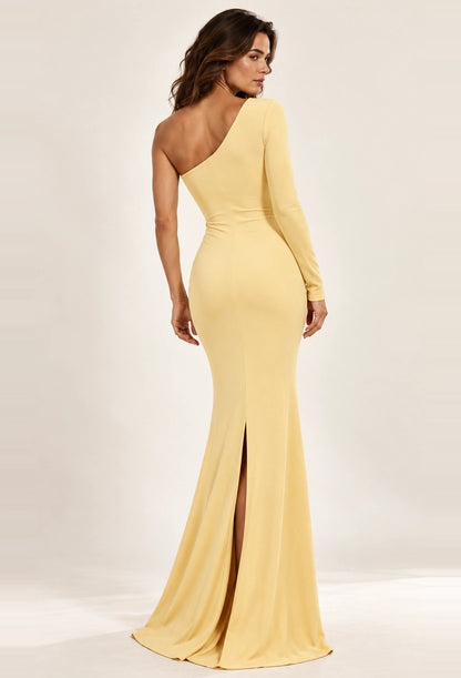 Costas do vestido longo Margot amarelo manteiga com fenda na saia sereia — Dress Eleven