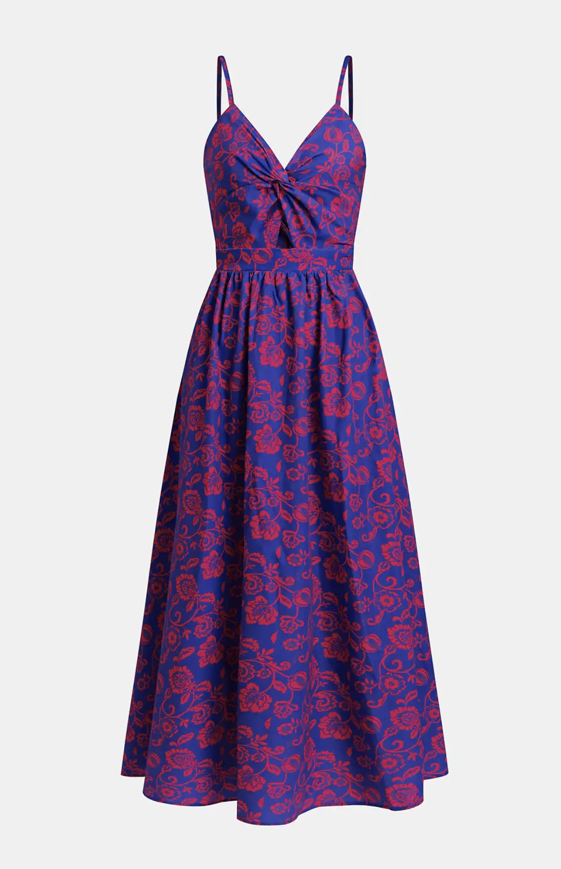 Vestido longo roxo com estampa floral rosa, alças finas e recorte frontal, ideal para o verão com toque elegante.