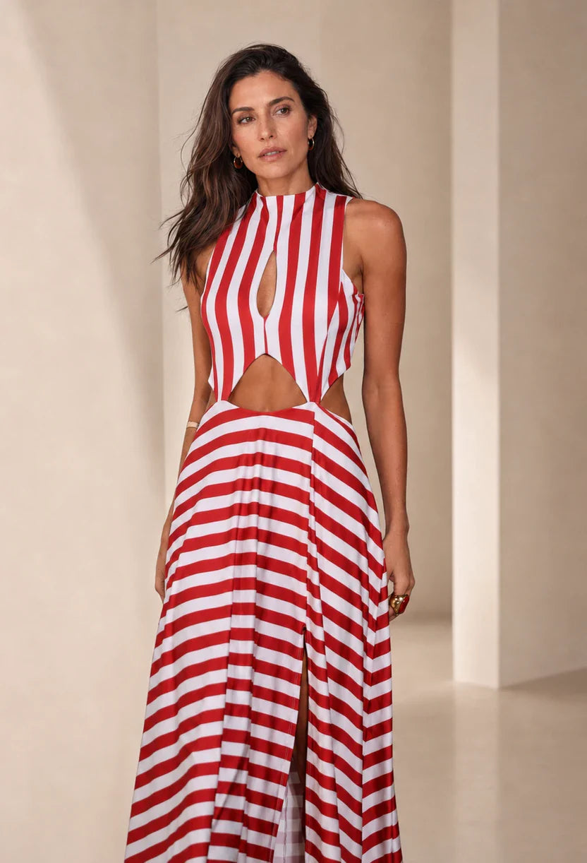 Vestido longo Rubi listrado com decote gota e recorte na cintura, caimento fluido - Dress Eleven