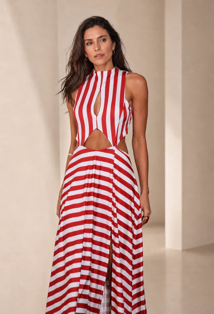 Vestido longo Rubi listrado com decote gota e recorte na cintura, caimento fluido - Dress Eleven