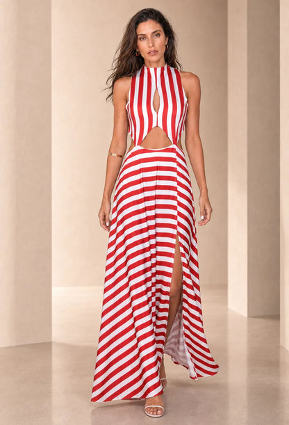 Vestido longo listrado Rubi em tons rouge, modelagem ampla e elegante - Dress Eleven