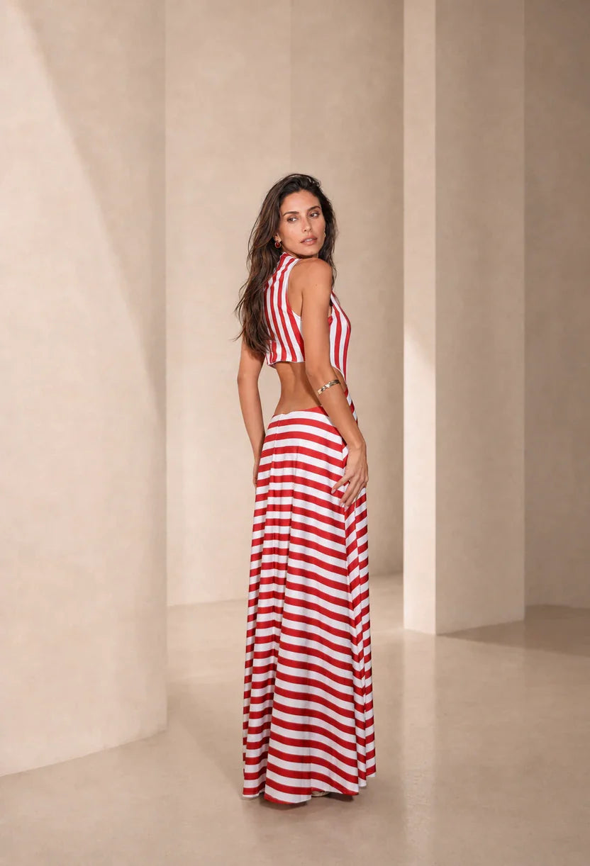Vestido longo Rubi com decote gota e listras verticais que alongam a silhueta - Dress Eleven