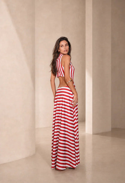 Vestido longo Rubi com decote gota e listras verticais que alongam a silhueta - Dress Eleven