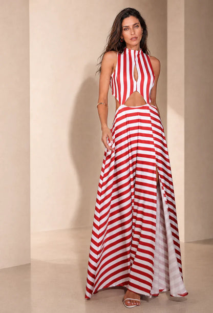 Detalhe do vestido longo Rubi listrado em malha fluida de tons rouge - Dress Eleven
