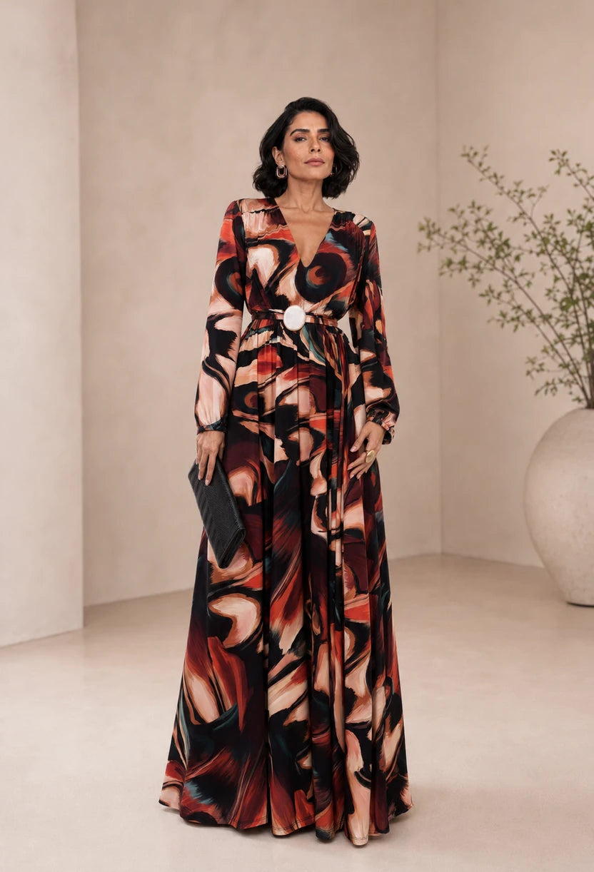 Vestido longo Selene da Dress Eleven estampado com manga longa e ombreiras, caimento amplo
