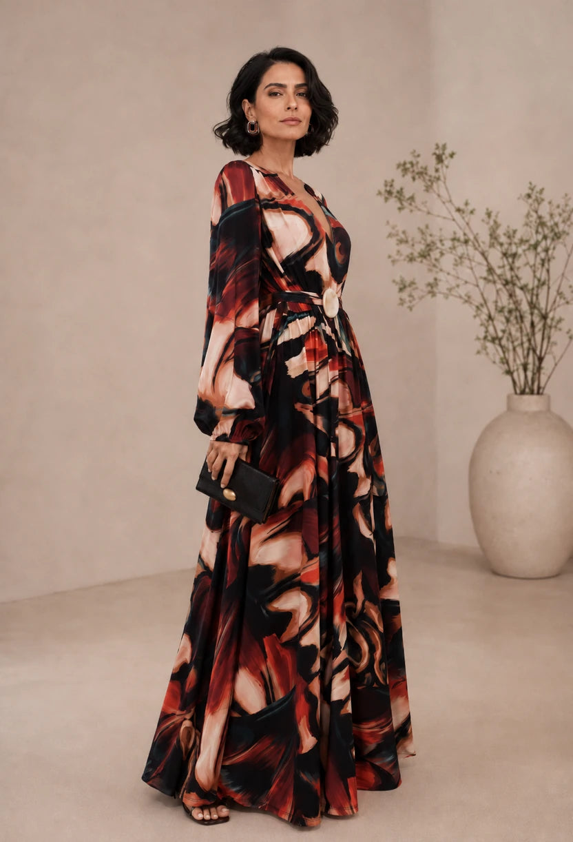 Vestido longo Selene Dress Eleven estampado, vista lateral mostrando caimento amplo e manga longa.