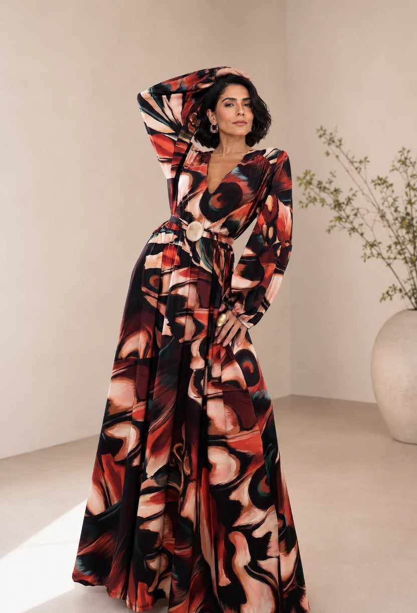 Modelo vestindo o vestido longo Selene Dress Eleven, manga bufante estampada e fivela em metal na cintura.