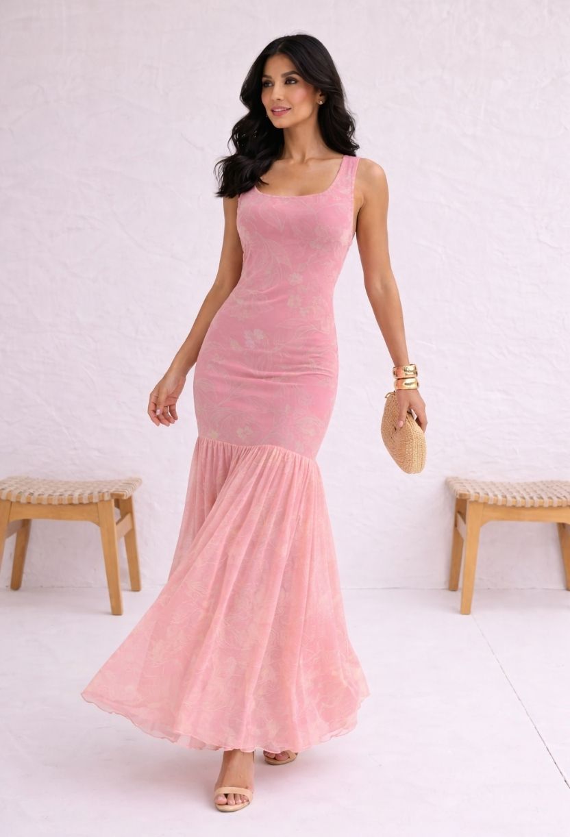 Modelo usando vestido longo floral rosa Dress Eleven com barra fluida, ideal para eventos de dia e ocasiões especiais e madrinhas de casamento