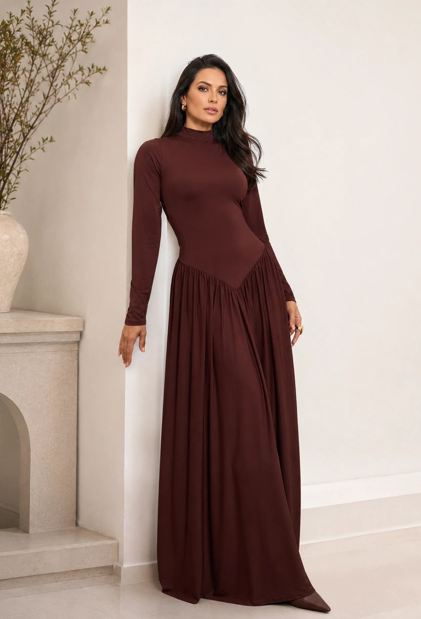Vestido longo Siena chocolate — vista frontal alternativa — Dress Eleven