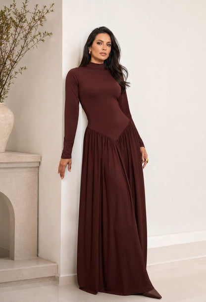 Vestido longo Siena chocolate — vista frontal alternativa — Dress Eleven