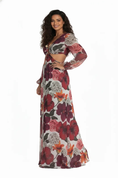 Vestido Longo Tule Premium Jasmine Dress11, modelo em pose, destacando o decote, mangas compridas e estampa floral.