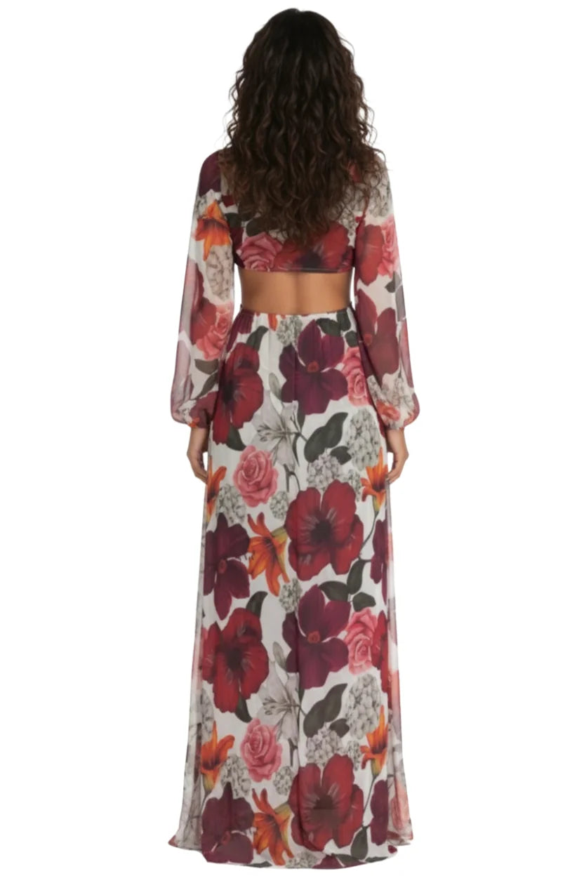 Vista traseira do Vestido Longo Tule Premium Jasmine Dress11 com detalhe das costas e fluidez da saia longa de tule floral.