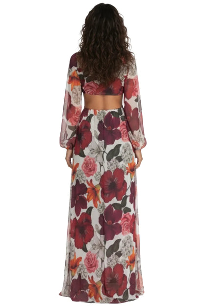 Vista traseira do Vestido Longo Tule Premium Jasmine Dress11 com detalhe das costas e fluidez da saia longa de tule floral.