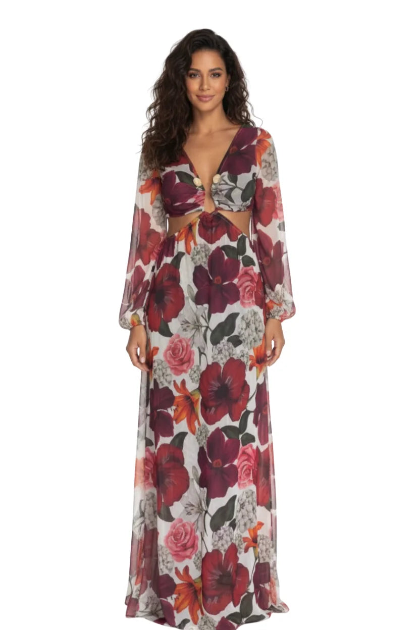 Vestido Longo Tule Premium Jasmine Dress11 estampa floral vermelho e rosa. Modelo elegante de manga longa e decote em V.