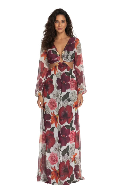 Vestido Longo Tule Premium Jasmine Dress11 estampa floral vermelho e rosa. Modelo elegante de manga longa e decote em V.