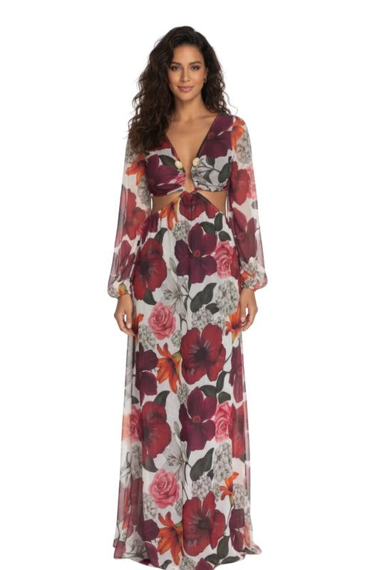 Vestido Longo Tule Premium Jasmine Dress11 estampa floral vermelho e rosa. Modelo elegante de manga longa e decote em V.