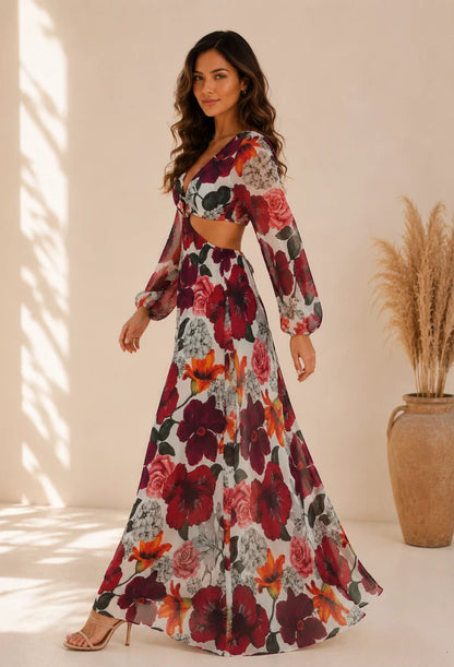 Vestido Longo Tule Premium Jasmine Dress11 floral, com modelo olhando por cima do ombro, realçando a abertura nas costas e a fluidez do tecido.