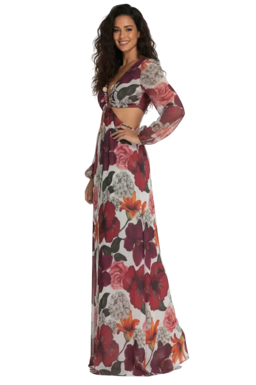 Modelo em perfil com o Vestido Longo Tule Premium Jasmine Dress11 floral, mostrando o caimento da saia.