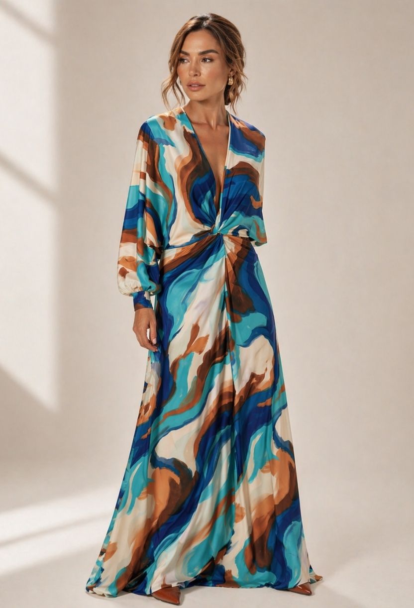 Vestido longo fluido com estampa abstrata Dress Eleven, sugestão de presente sofisticado para o Dia das Mães