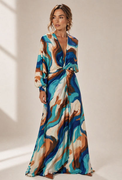 Vestido longo fluido com estampa abstrata Dress Eleven, sugestão de presente sofisticado para o Dia das Mães