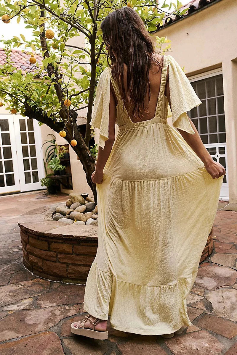 Vestido Madelline butter yellow longo com costas abertas e estilo sofisticado