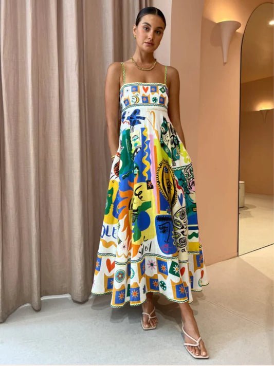 Vestido Midi Aquarela Dress Eleven com estampa artística multicolorida e modelagem fluida visto de frente.