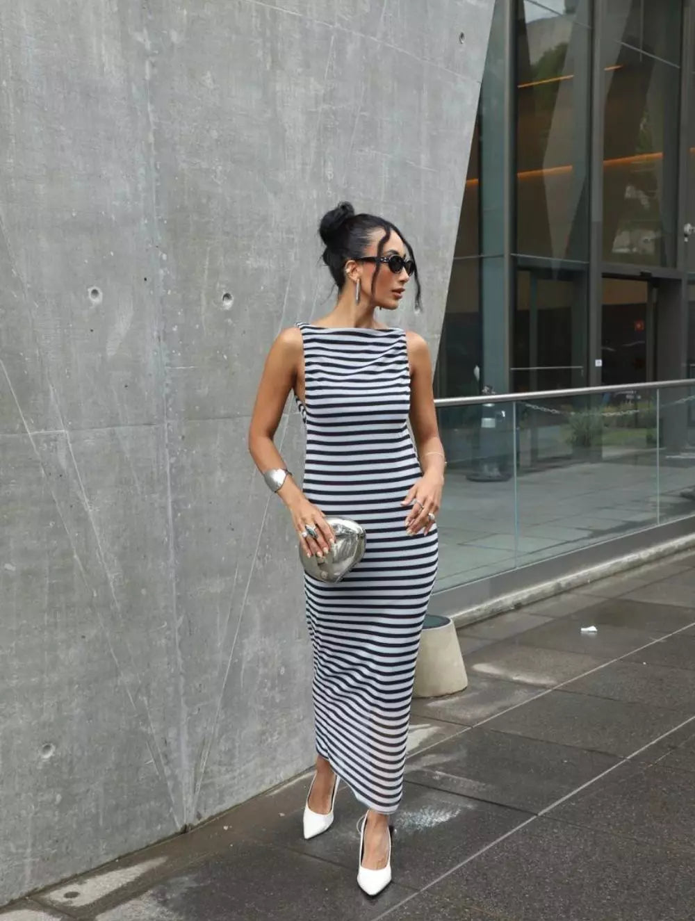 Vestido Helena Midi em Tule Listrado
