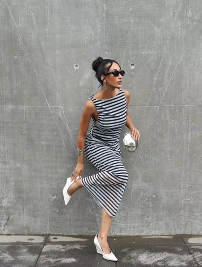 Vestido Helena Midi em Tule Listrado