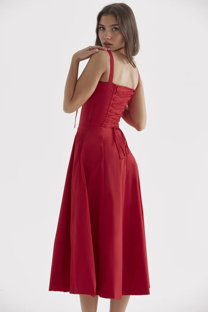 Vestido Valentina midi vermelho elegante com detalhe nas costas e caimento sofisticado
