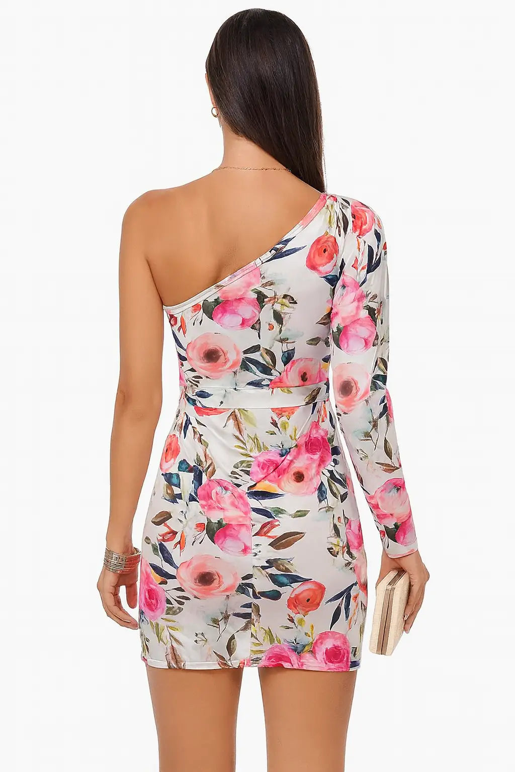 Vista traseira do vestido curto floral de um ombro só com manga bufante e saia transpassada, perfeito para festas e jantares sofisticados.