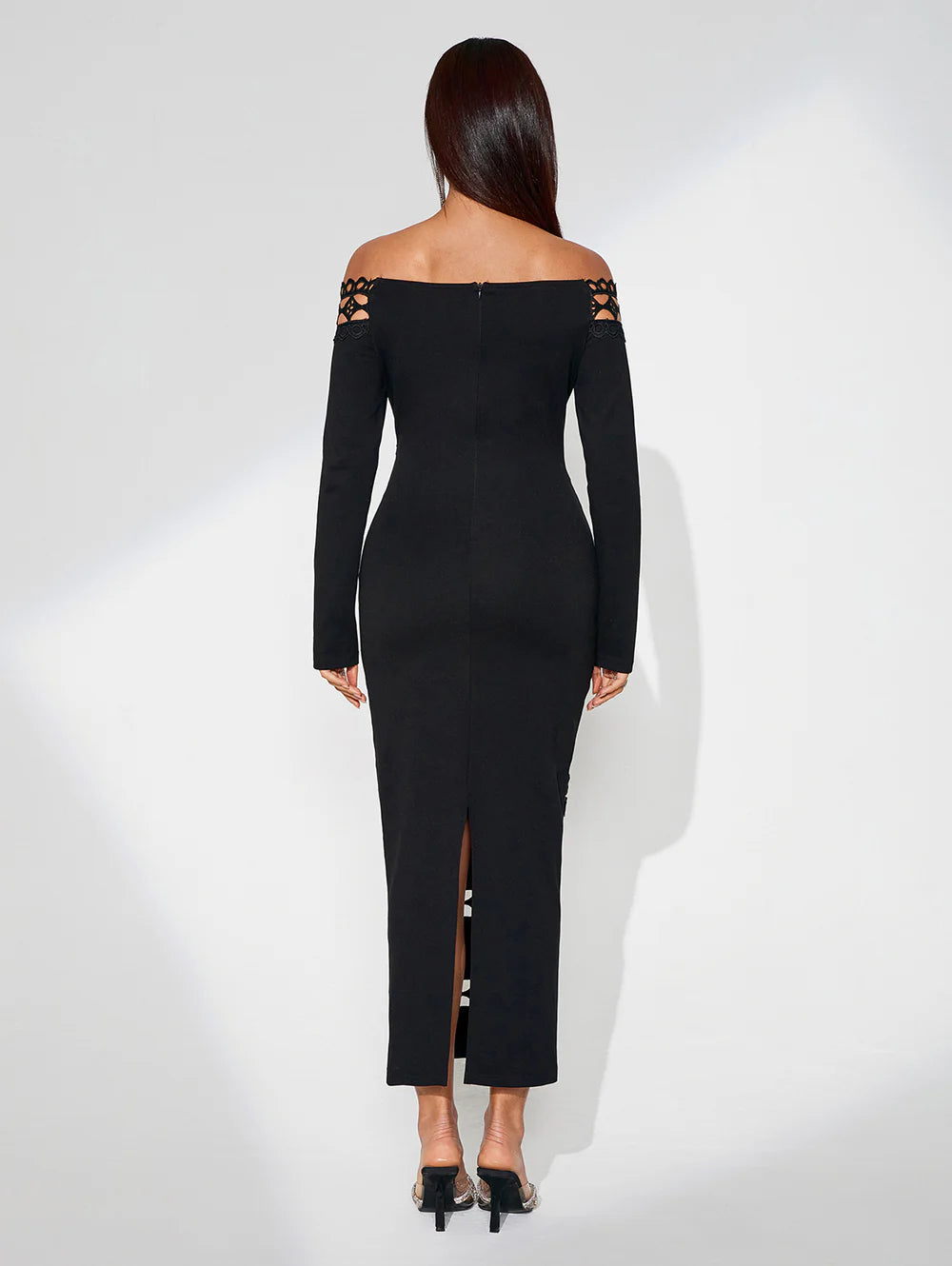 Vestido midi feminino ombro a ombro com recortes rendados, vista traseira