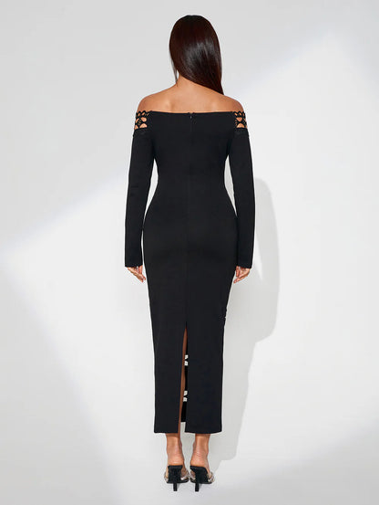 Vestido midi feminino ombro a ombro com recortes rendados, vista traseira