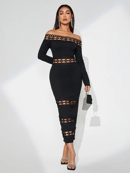 Vestido midi elegante ombro a ombro com recortes rendados, vista frontal