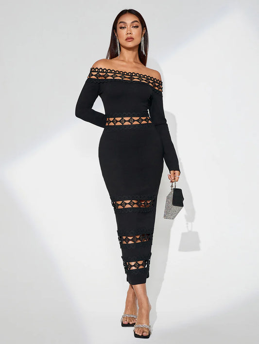 Vestido midi elegante ombro a ombro com recortes rendados, vista frontal