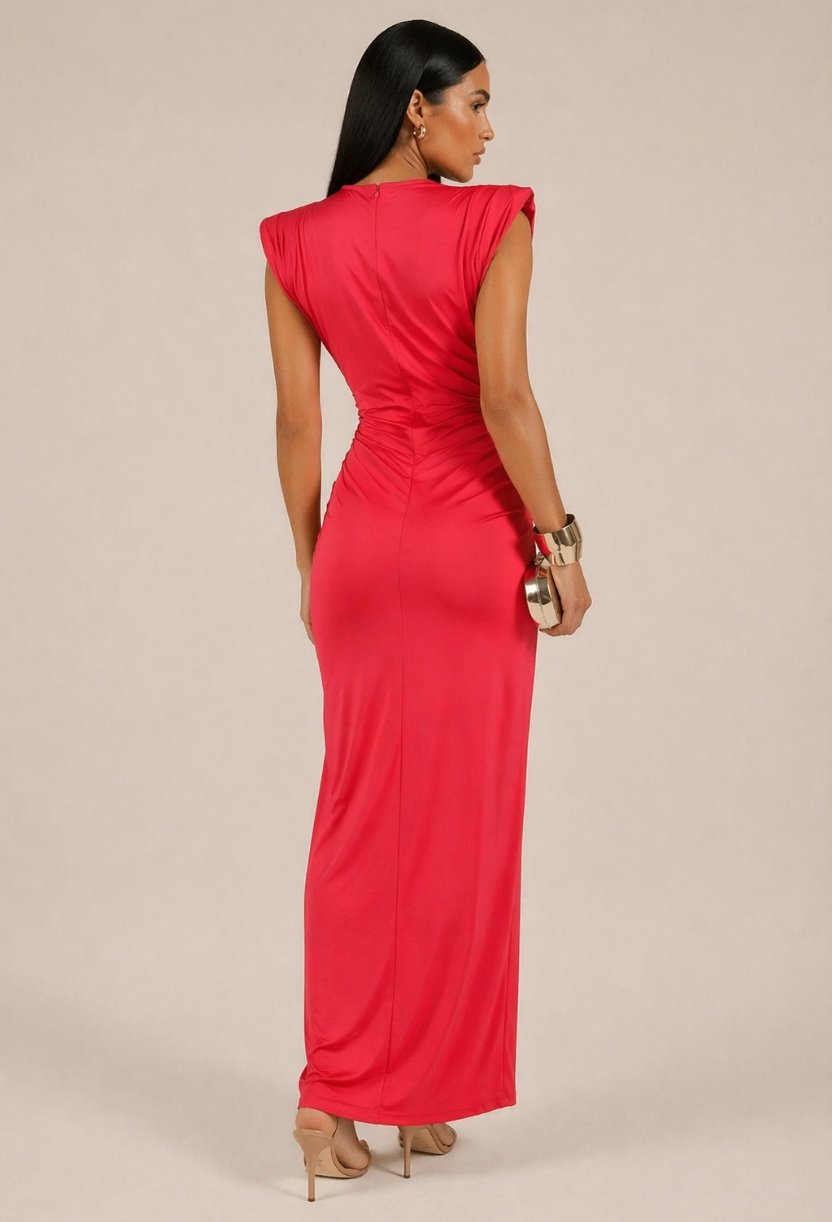 vestido longo feminino elegante costas ajustadas ombreira estruturada caimento fluido dress eleven
