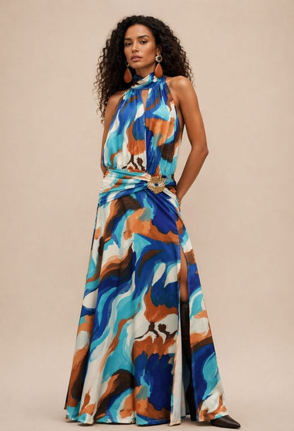 Vestido longo estampado com caimento fluido e detalhe na cintura Dress Eleven, look elegante feminino para eventos e ocasiões especiais