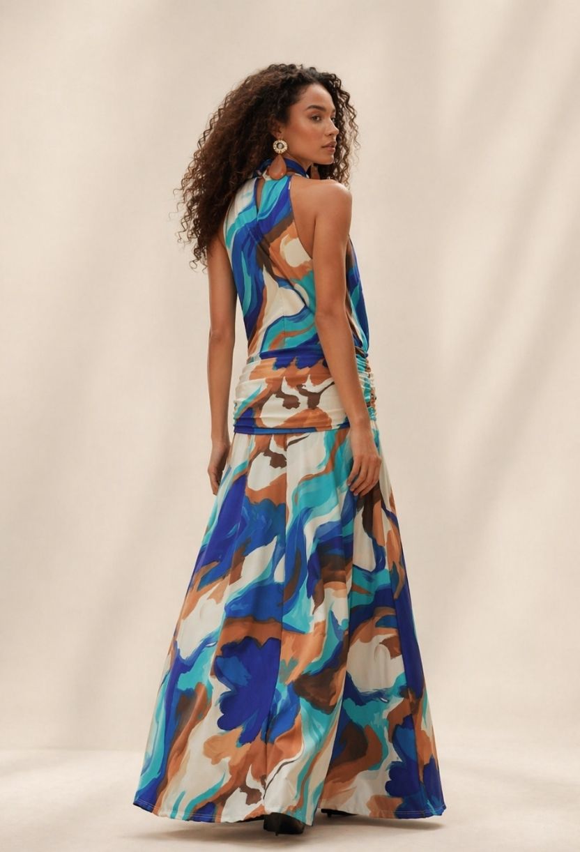 Vestido longo estampado com caimento leve e design sofisticado visto pelas costas, elegância e movimento Dress Eleven