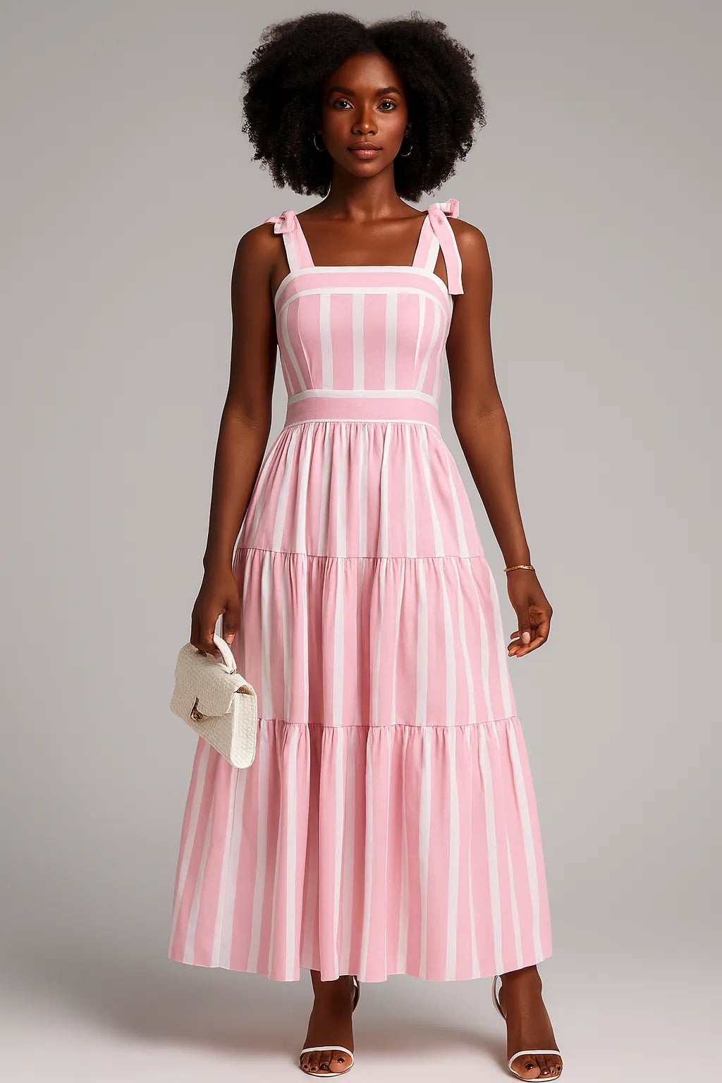 Vestido longo Paty em listras rosa, com alças de amarrar e modelagem ajustável para conforto